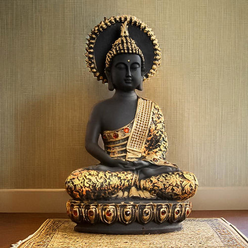 Majestic Meditating Buddha Statue Black Orange - The Earth Store - home decor