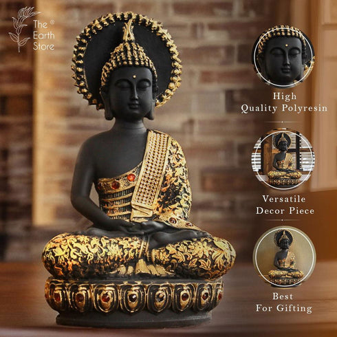 Majestic Meditating Buddha Statue Black Orange - The Earth Store - home decor