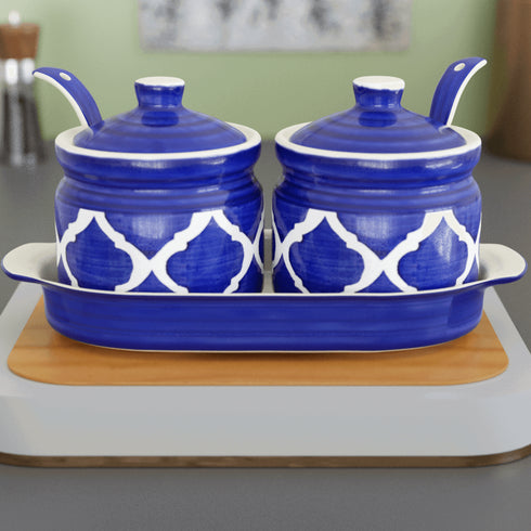 Moroccan Blue Pickle Jar with Spoon and Tray (Set of 2) - The Earth Store - Multipurpose Jars