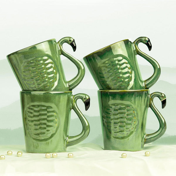 Pottery Green Flamingo Coffee Mug (Set of 4) - The Earth Store - Mug Set