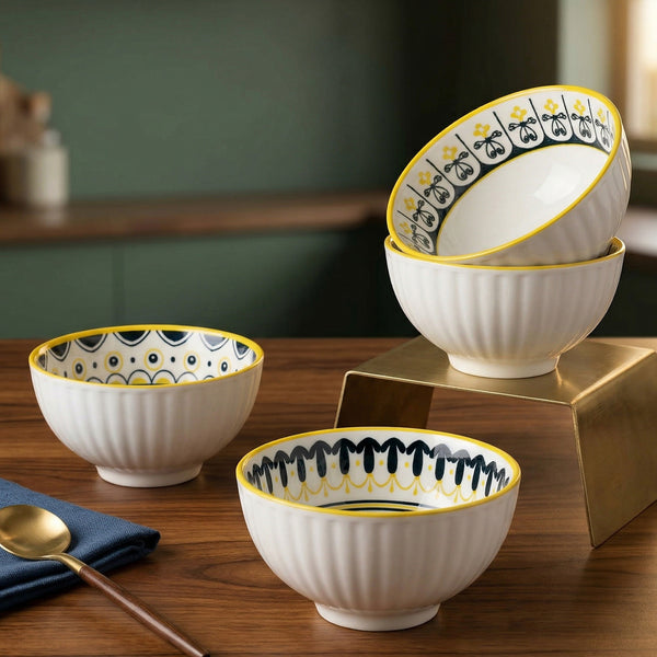 Yellow Floret Ceramic Bowl Set of 4 - 300ml