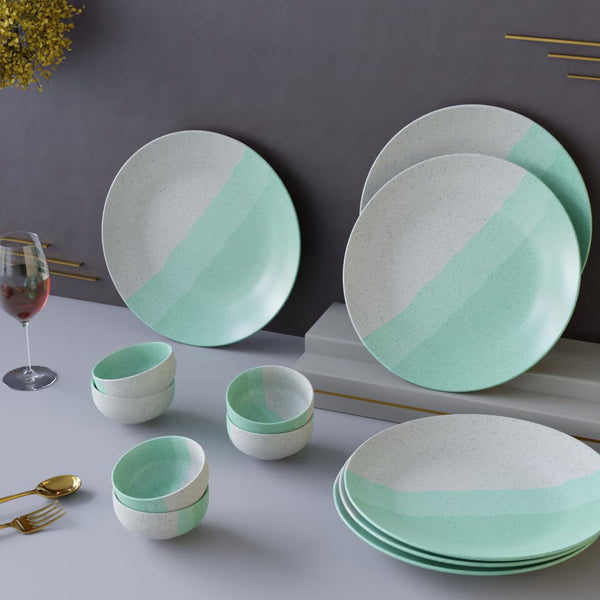 TT Green Matte Ceramic Dinner 6 Full Dinner Plates, 6 Vegetable Bowls Set of 12pcs - The Earth Store - Dinnerware