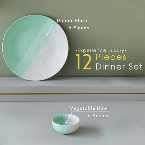 TT Green Matte Ceramic Dinner 6 Full Dinner Plates, 6 Vegetable Bowls Set of 12pcs - The Earth Store - Dinnerware