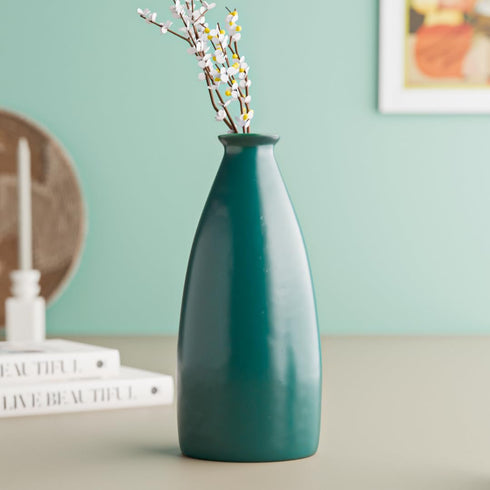 Teal Bottle Ceramic Flower Vase - The Earth Store - Vase