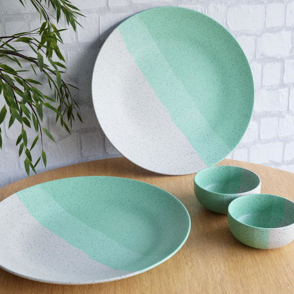 Tritone Green Matte 2 Ceramic Dinner Plate with 2 Serving Bowl - The Earth Store - Dinnerware