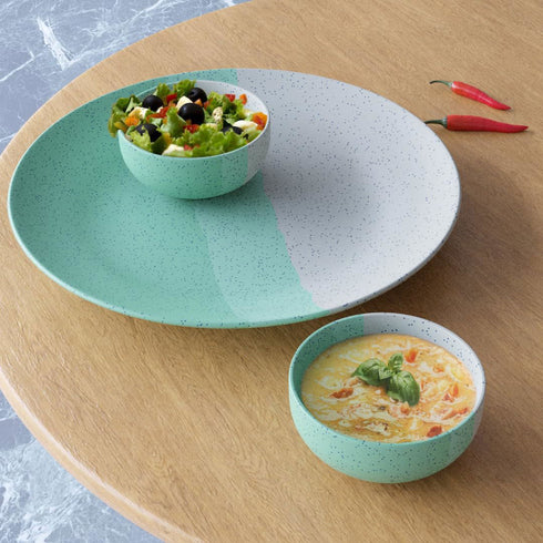Tritone Green Matte Ceramic Dinner Plate with 2 Serving Bowl - The Earth Store - Dinnerware