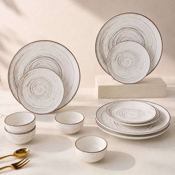 Brown Spiral Ceramic Dinner Set 12 Piece for Family of 4 Plates and Bowls