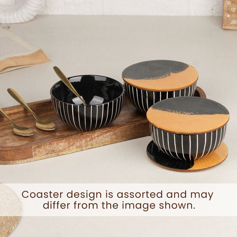 Black Stripe Ceramic Bowls Serving Set – 3 Bowls, 3 Coaster, 3 Spoon and 1 Tray