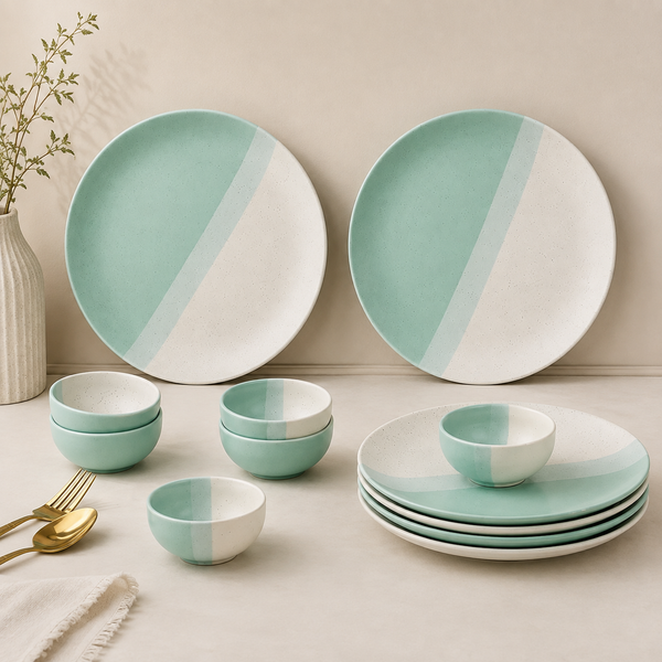 TT Green Matte Ceramic Dinner 6 Full Dinner Plates, 6 Vegetable Bowls Set of 12pcs