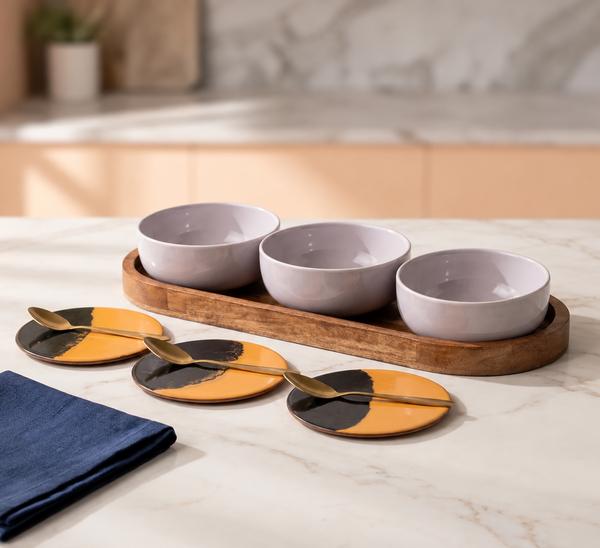 Solid Lavender Ceramic Bowls Serving Set – 3 Bowls, 3 Coaster, 3 Spoon and 1 Tray