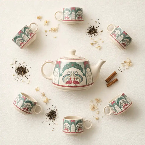 Peagal Ceramic Tea Set With 6 Cups and Kettle