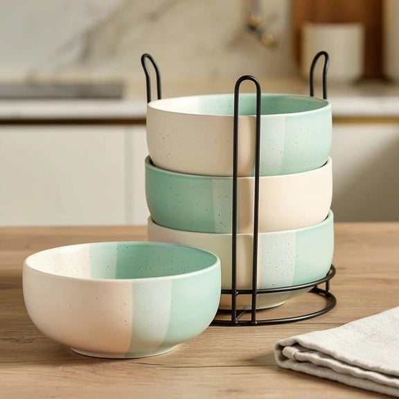 Tritone Green Ceramic Bowl Set of 4 with Metal Stand (500ml)