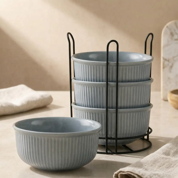 Fringe Grey Ceramic Bowl Set of 4 with Metal Stand