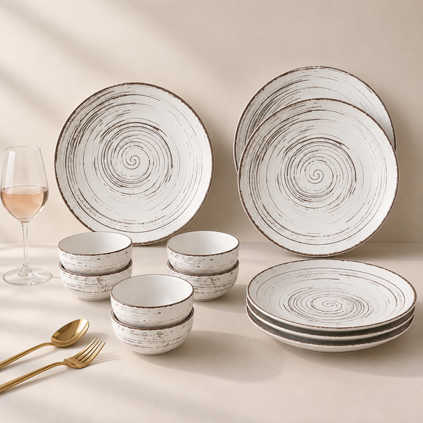 Brown Spiral Ceramic Dinner Set 12 Piece for Family of 6
