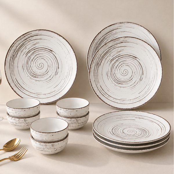 Brown Spiral Ceramic Dinner Set 12 Piece for Family of 6