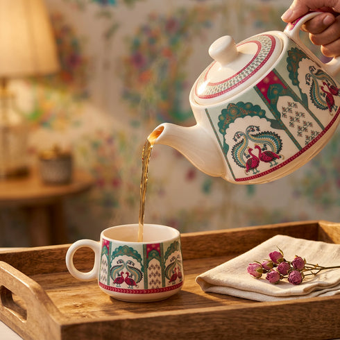 Peagal Ceramic Tea Set With 6 Cups and Kettle