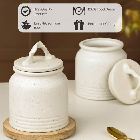 White Matte 700 ML Ceramic Pickle Jars with Air Tight Lid Set of 2