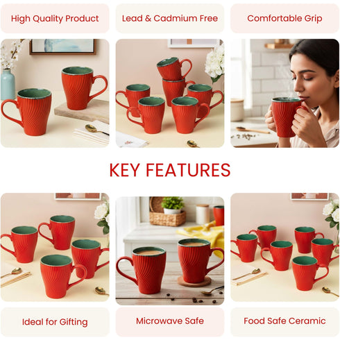 Red Fusion Wave Ceramic Mugs Set of 4