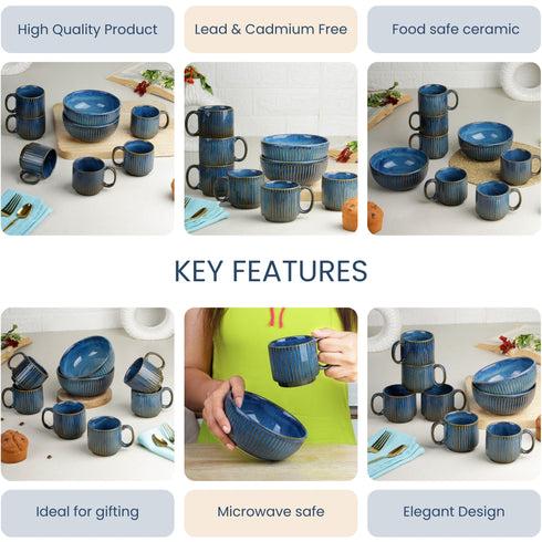 Glam Bue Ceramic 2 Snack Bowl & 6 Tea Cup Combo