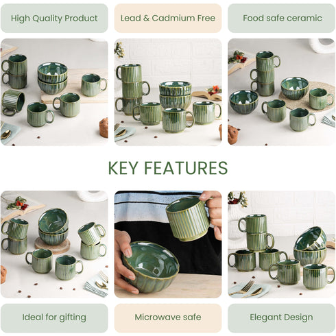 Green Ribbed Ceramic 2 Snack Bowl & 6 Tea Cup Combo