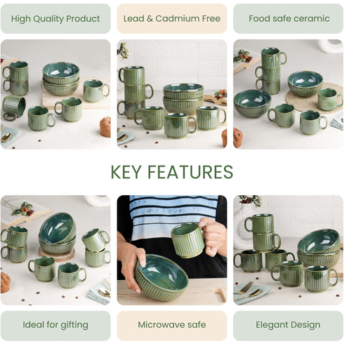 Glam Green Ceramic 2 Snack Bowl & 6 Tea Cup Combo