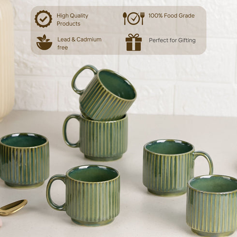 The Earth Store Glam Green Fringe Stackable Ceramic Tea Cup Set of 6, 160 ML Microwave and Dishwasher Safe