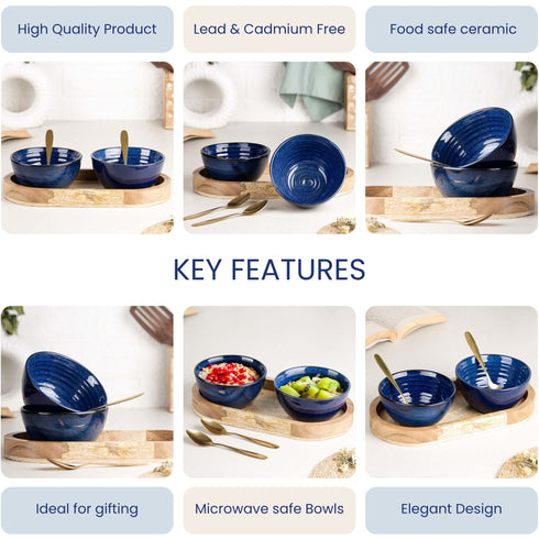 Sage Blue Ceramic Bowl Serving Set 2 Bowls, 1 Tray, and 2 Spoon