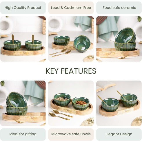 Green Ribbed Ceramic Bowl Serving Set 2 Bowls, 1 Tray, and 2 Spoon