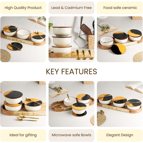 White Marble Ceramic Bowl Serving Set 3 Bowls, 1 Tray, 3 Spoon and 3 Coaster