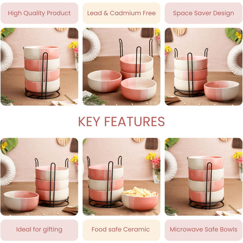 Tritone Pink Ceramic Bowl Set of 4 with Metal Stand – 500ML