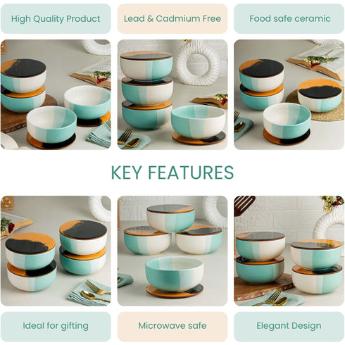 Green Matte Ceramic Bowl Set of 4 – 500ML with Lid
