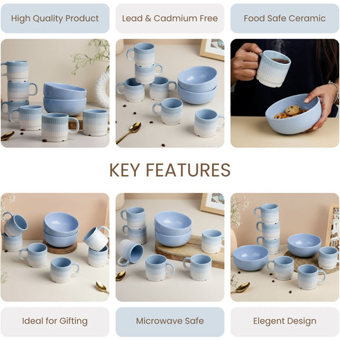 Solid Sky Blue Ceramic 2 Snack Bowl & 6 Tea Cup Combo