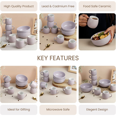 Solid Lavender Ceramic 2 Snack Bowl & 6 Tea Cup Combo
