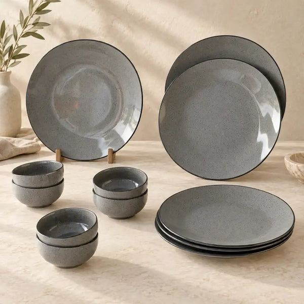 Grey Marble Ceramic Dinner Set - 12 pieces ( 6 Plates + 6 Bowls )