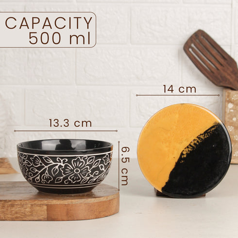 Black Artvine Ceramic Bowl Serving Set – 3 Bowls, 3 Coaster, 3 Spoon and 1 Tray