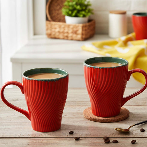 Red Fusion Wave Ceramic Mugs Set of 4
