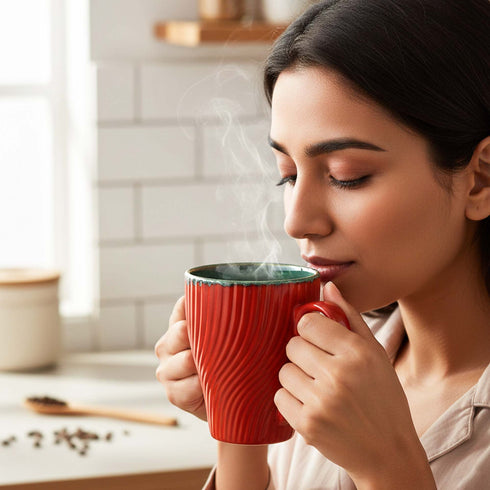 Red Fusion Wave Ceramic Mugs Set of 4