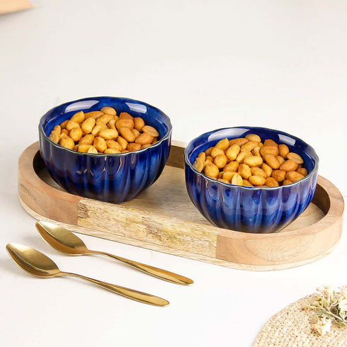 Blue Ribbed Ceramic Bowl Serving Set 2 Bowls, 1 Tray, and 2 Spoon