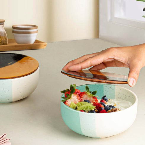 Green Matte Ceramic Bowl Set of 4 – 500ML with Lid