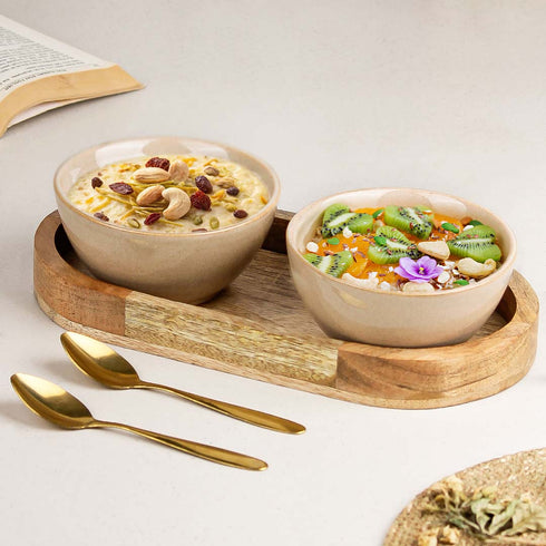 Sage Creamy Ceramic Bowl Serving Set 2 Bowls, 1 Tray, and 2 Spoon