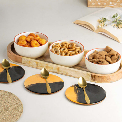 White Marble Ceramic Bowl Serving Set 3 Bowls, 1 Tray, 3 Spoon and 3 Coaster