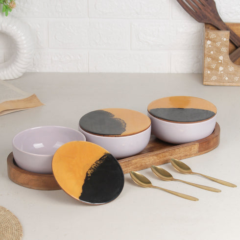 Solid Lavender Ceramic Bowls Serving Set – 3 Bowls, 3 Coaster, 3 Spoon and 1 Tray