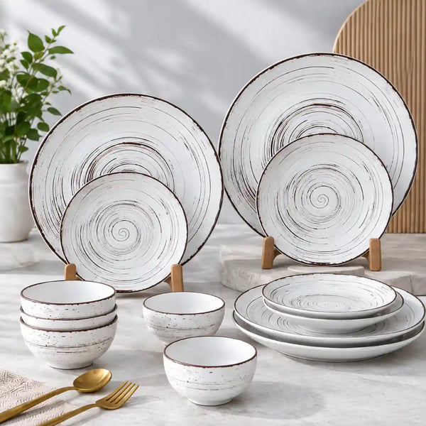 Brown Spiral Ceramic Dinner Set 12 Piece for Family of 4 Plates and Bowls