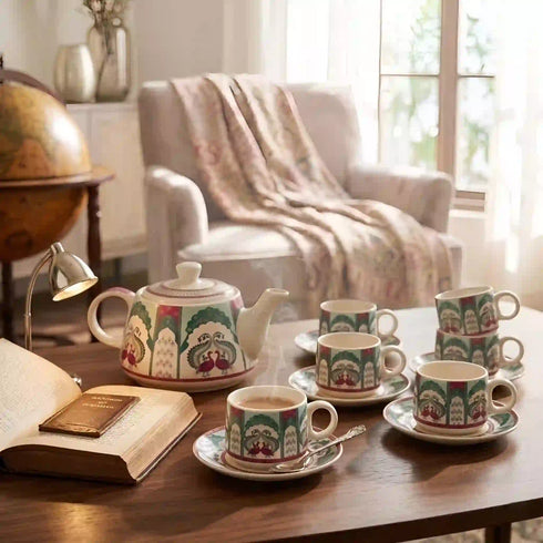 Peagal Ceramic Tea Set With 6 Cups and Kettle