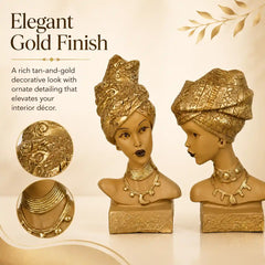 Artistic African Lady Sculptural Bust Pair – Decorative Gold Statues Set of 2