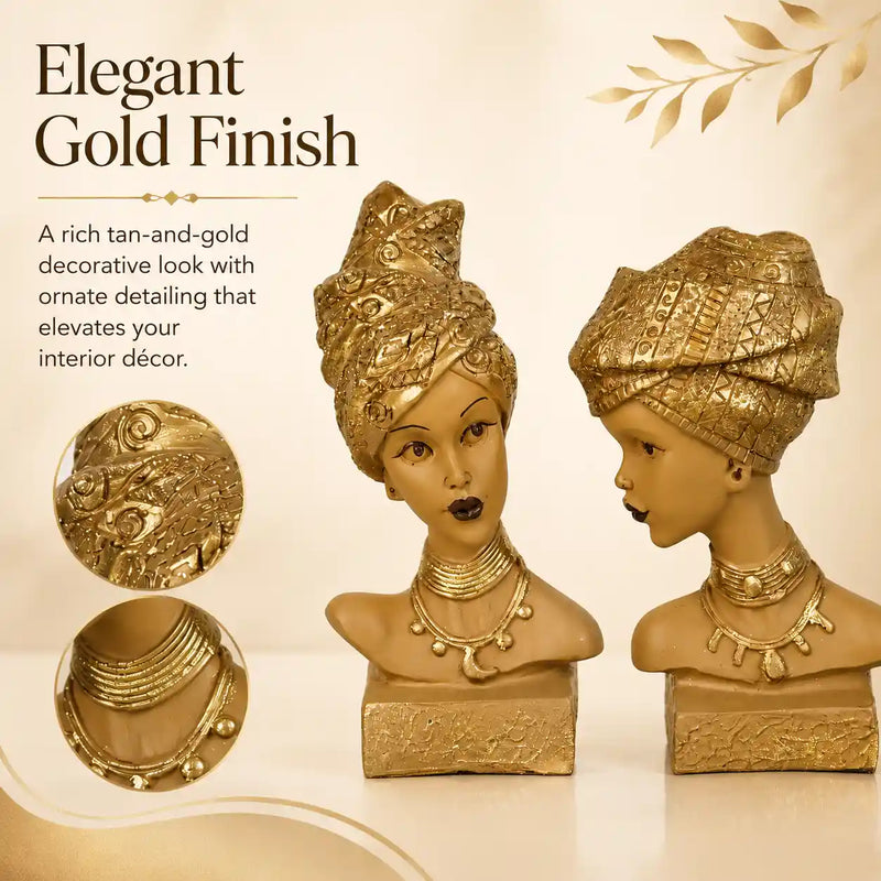 Artistic African Lady Sculptural Bust Pair – Decorative Gold Statues Set of 2