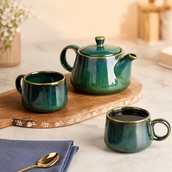 Green Glaze Ceramic Tea Set | Kettle & 2 Cups (400ml)