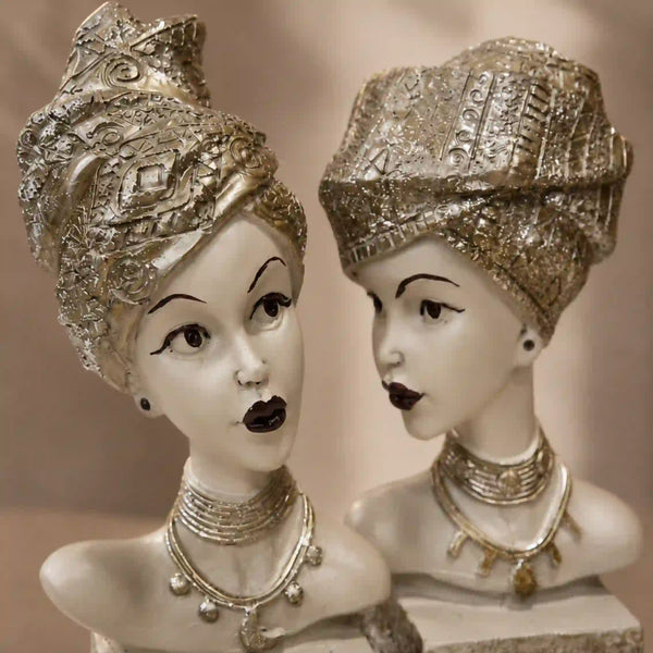 Artistic Ethnic Silver Lady Sculptural Bust Pair – Decorative Statues