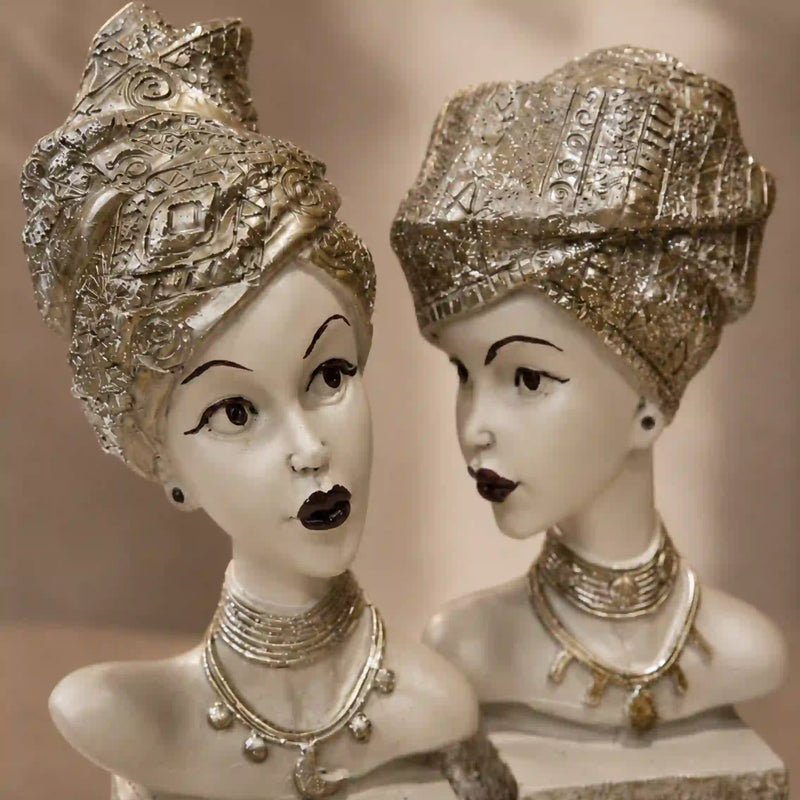 Artistic Ethnic Silver Lady Sculptural Bust Pair – Decorative Statues
