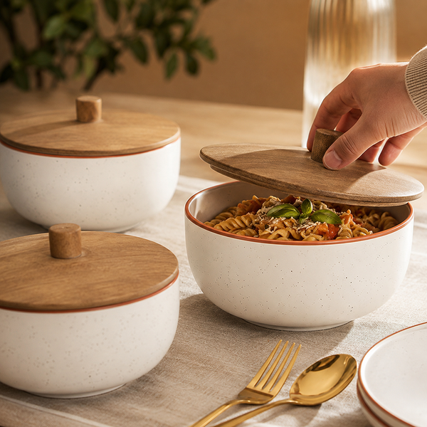 White Marble Ceramic Bowl Set with Wooden Lids (4 Pcs)